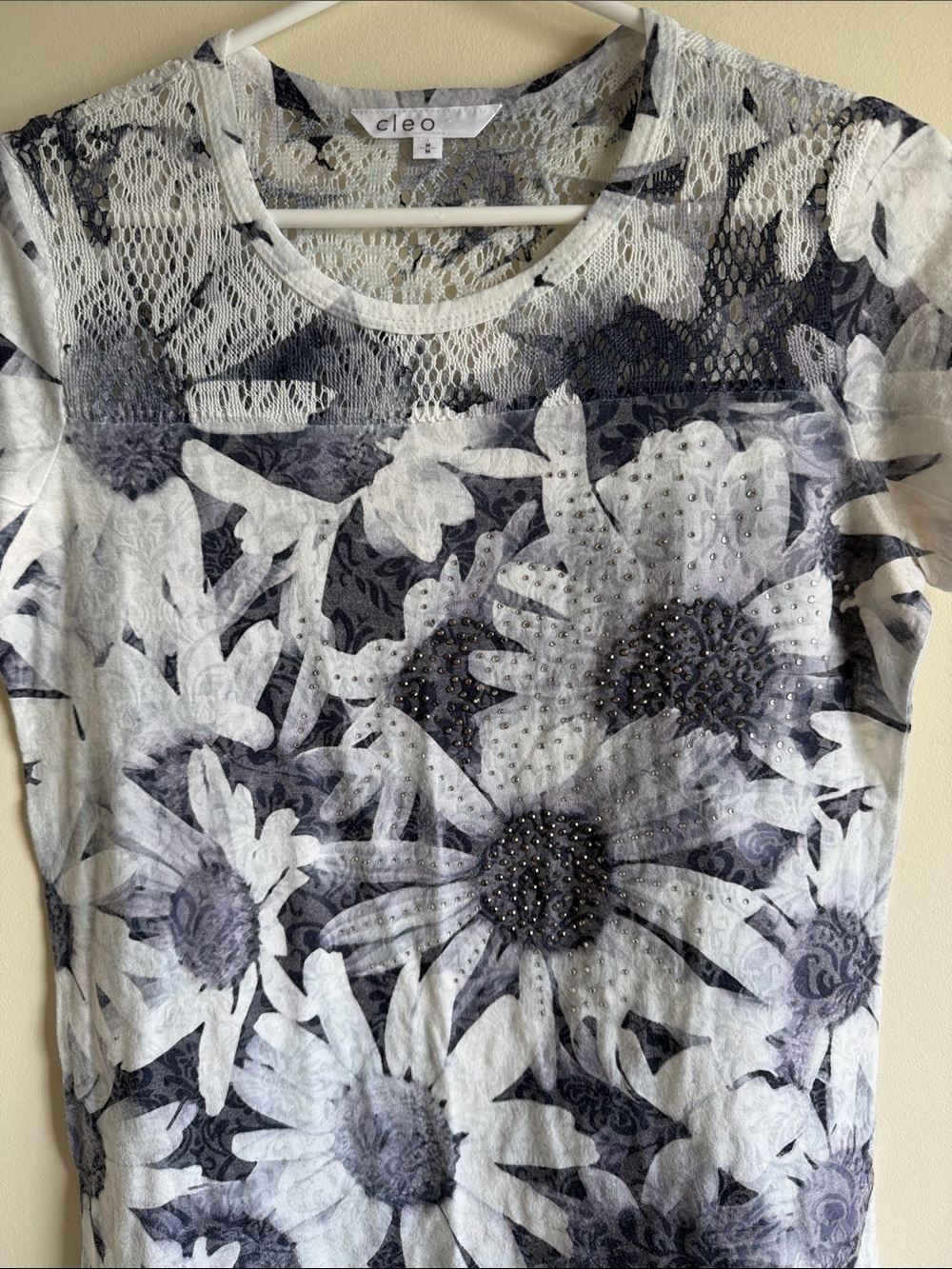 Cleo Black & White Floral Lace Accent Short Sleeve Tee
